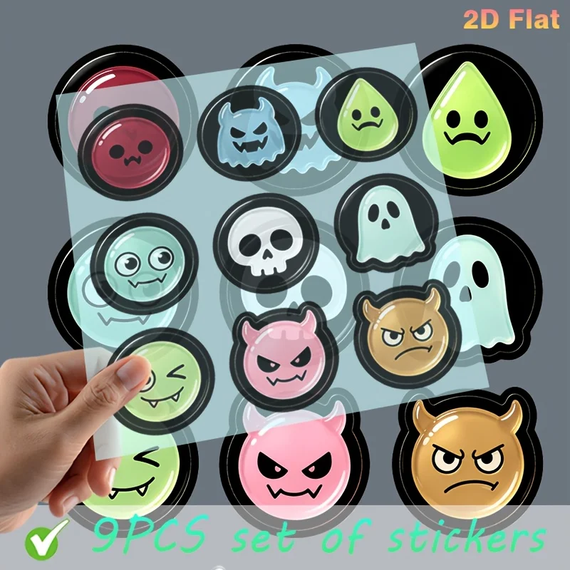 9Pcs 2D Glossy Cartoon Monster Ghost Waterproof Stickers Round Colorful Decals Holiday Gift For Car Laptop