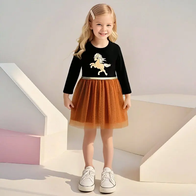 

Детская одежда Little maven, осенне-весеннее сетчатое платье принцессы с рисунком единорога для маленьких девочек, милые костюмы, платья с длинными рукавами для девочек