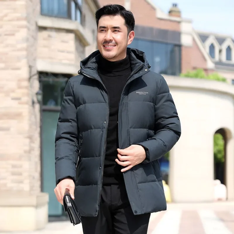 Mid-Length Thick Warm Large Size Detachable Hat Outcoat Winter New Men Down Jacket Business Casual Pure Color Outwear Dad Outfit