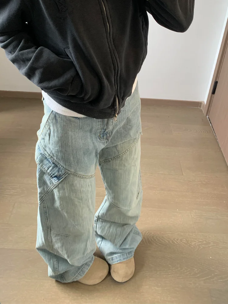 

Retro American High Street Deconstructed Design Patchwork Bamboo Fiber Denim Pants Men Women Loose Straight Wide Leg Floor-Le...