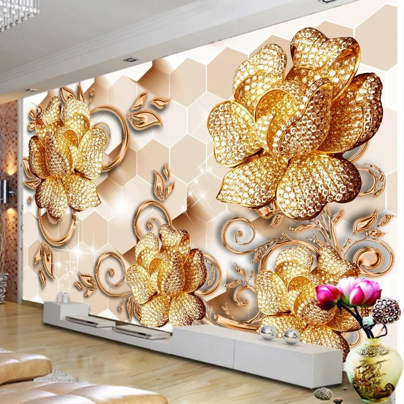 

European Style Luxury Wallpaper Golden Relief Jewelry Flower Mural Paper for Bedroom Living Room TV Wall Decor House Improvement