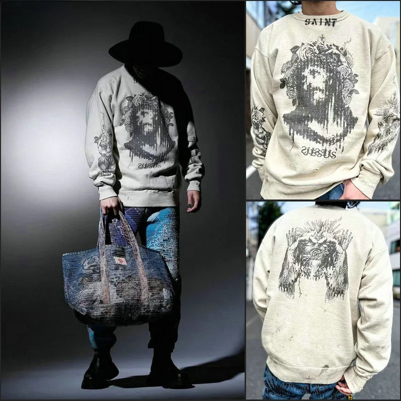 

Autumn Winter Japanese Street Faion Retro fiti Print FOG Loose Casual Couple round Ne Sweatirt Youth Cotton