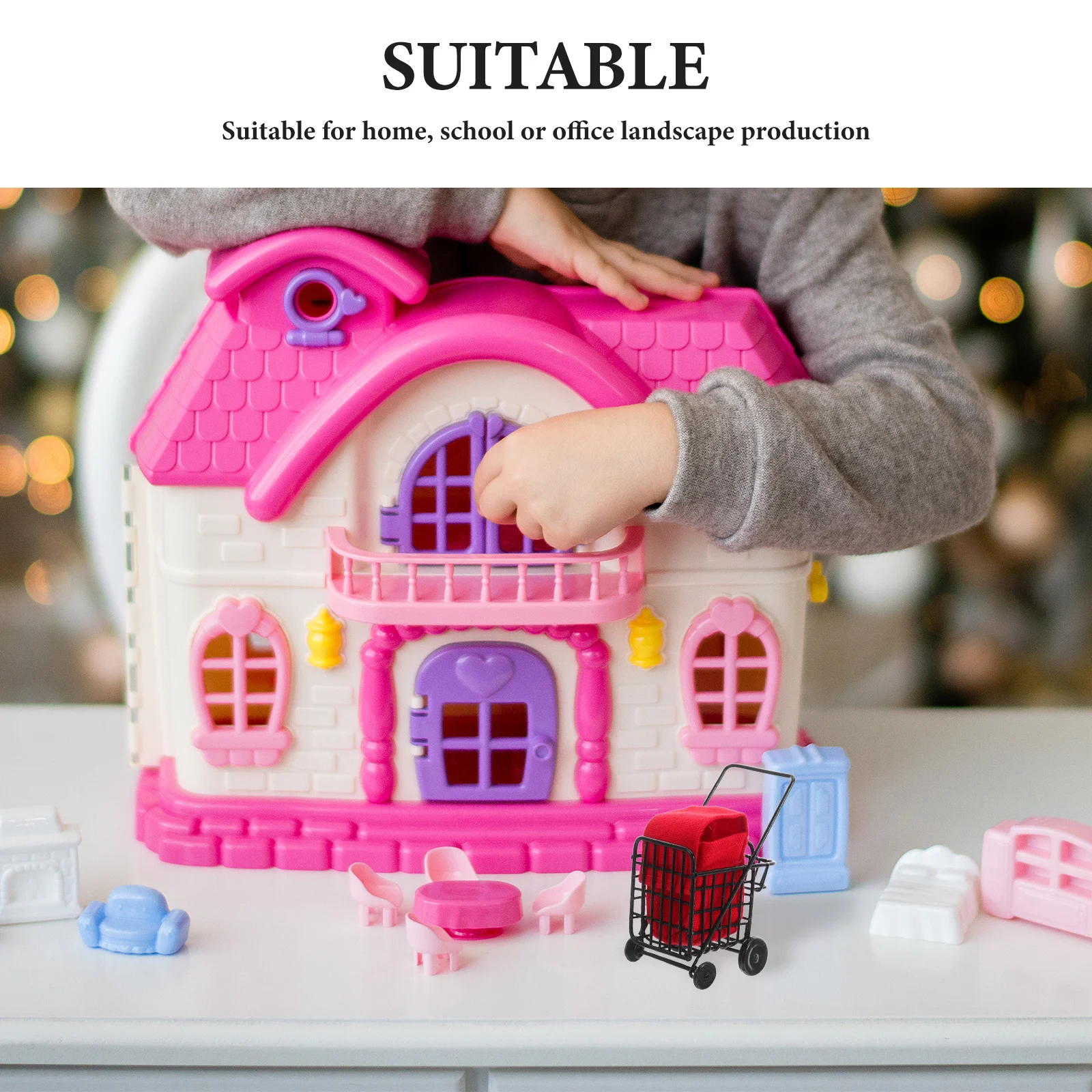 미니어처 블랙 메탈 쇼핑 카트 1:12 스케일 컴팩트 견고한 슈퍼마켓 식료품 핸드카트 인형집 주방 액세서리용