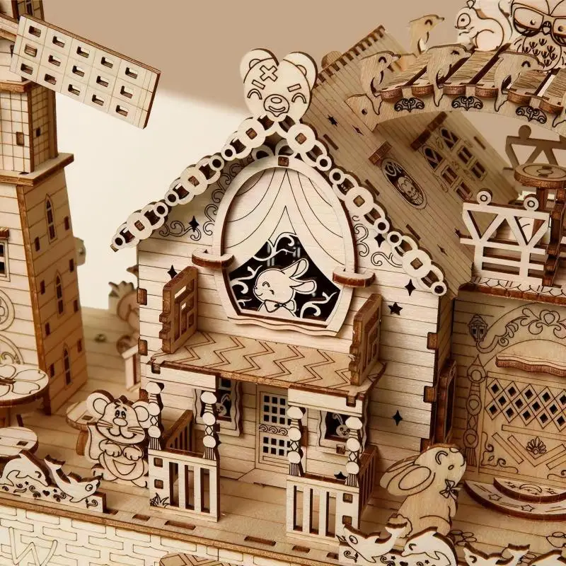 Puzzle in legno 3D Villa House Castello Reale and Windmill Con Assemblaggio Tiny House  Assembly Model Miniature House Diy Kit