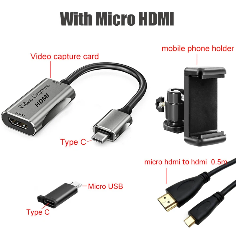 HDMI-adapter 4K video-opnamekaart DSLR videocamera transmissie mobiele telefoon schermmonitorset voor Vlog Youtuber Filmmaker