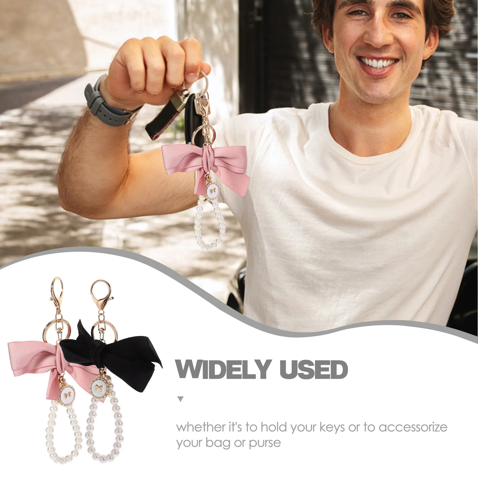 2 pezzi portachiavi con fiocco di perle piccole catene carine per portachiavi per auto borsa zaino ciondolo portafoglio perle simulate poliestere zinco