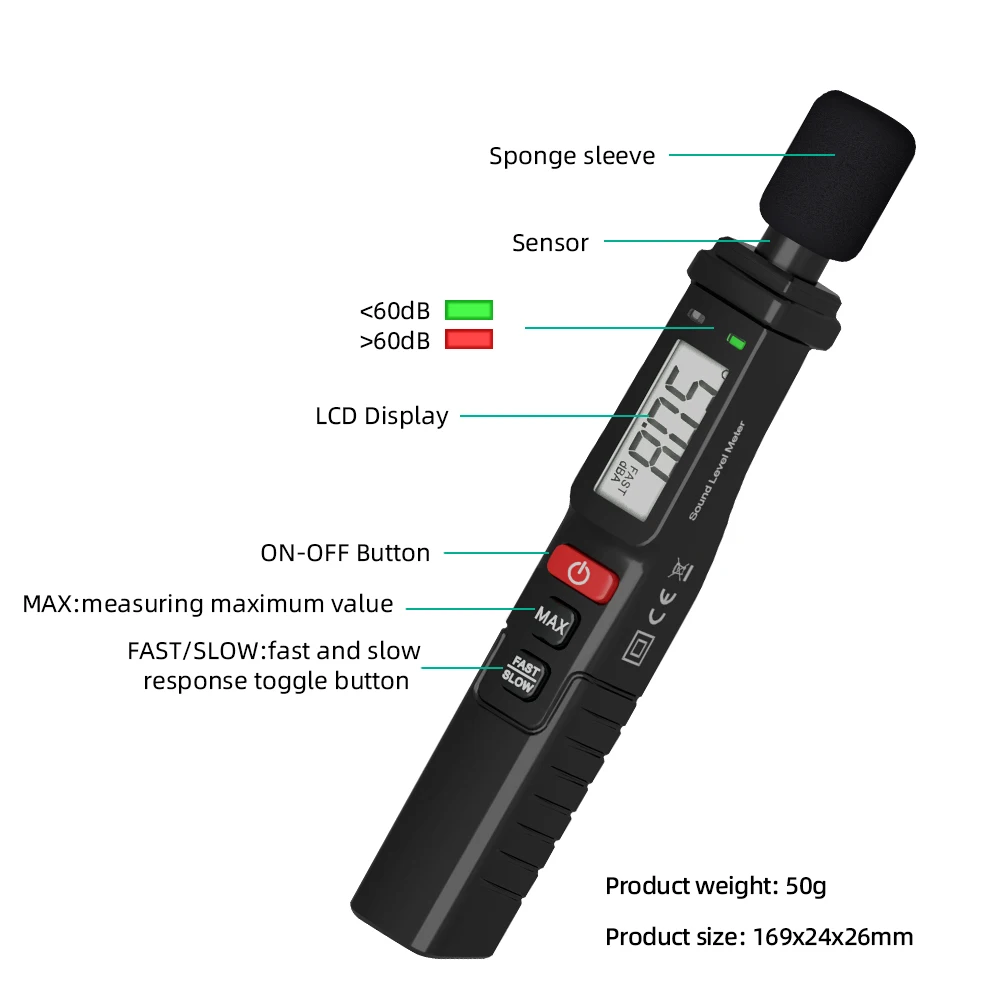 MASTFUYI cyfrowy miernik hałasu miernik poziomu dźwięku ręczny miernik DB A-ważony 30 ~ 130dB przyrząd do pomiaru dźwięku Decibel Monitor