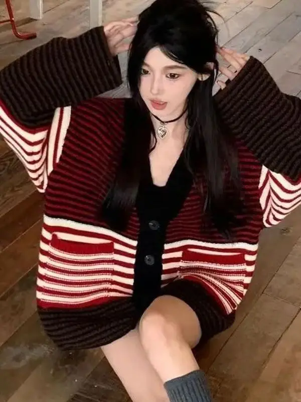 Retro Rot Gestreifte Gestrickte Offene Strickjacke Pullover Lose Lange Sve Farbe Blo Strickwaren Trendy Lazy Sle Damen Faion