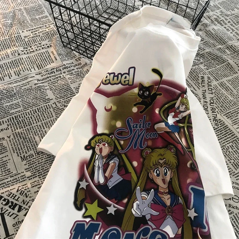 بحار القمر الأمريكية الرجعية طباعة القطن قصير الأكمام تي شيرت المرأة Ins المد الصيف فضفاضة ومتعددة الاستخدامات نصف كم المتخصصة