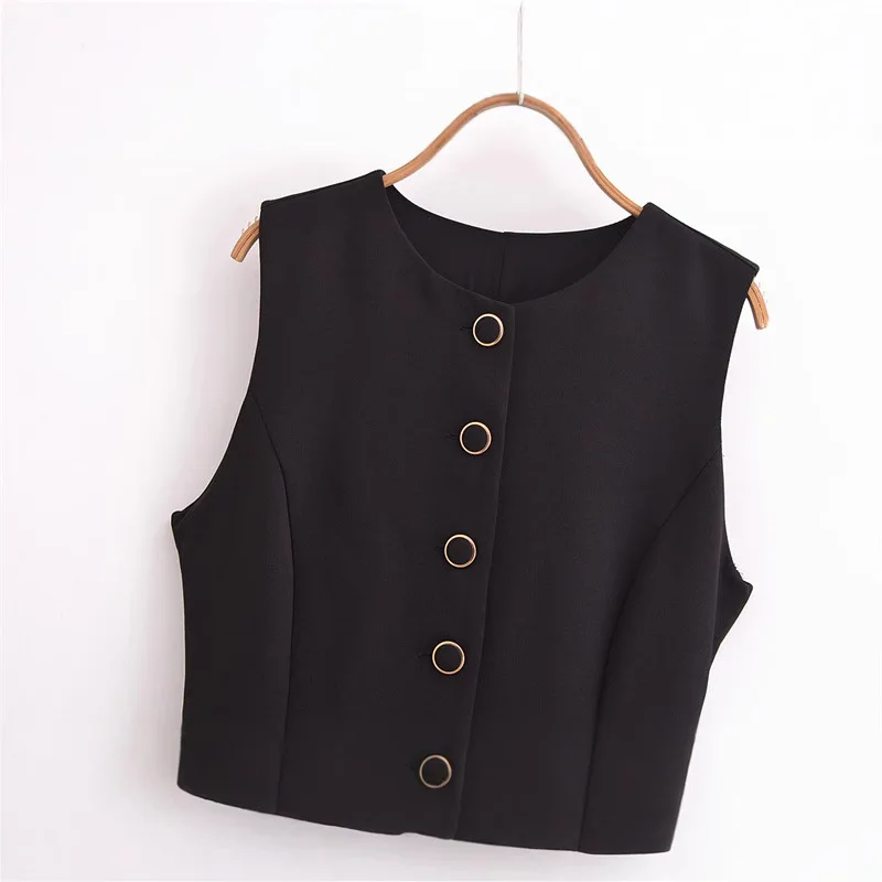 2025 신상 여성 패션 싱글 브레스티드 슬리브리스 슬림 숏 베스트 탑