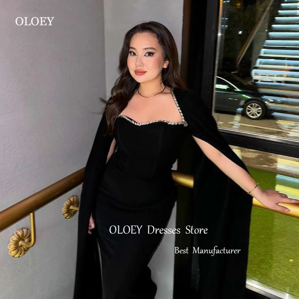 

OLOEY Black Evening Dresses Mermaid Long Cape Sleeves Beads Prom Gowns Formal Party Occasion Dress Dubai Arabic Women Vestidos