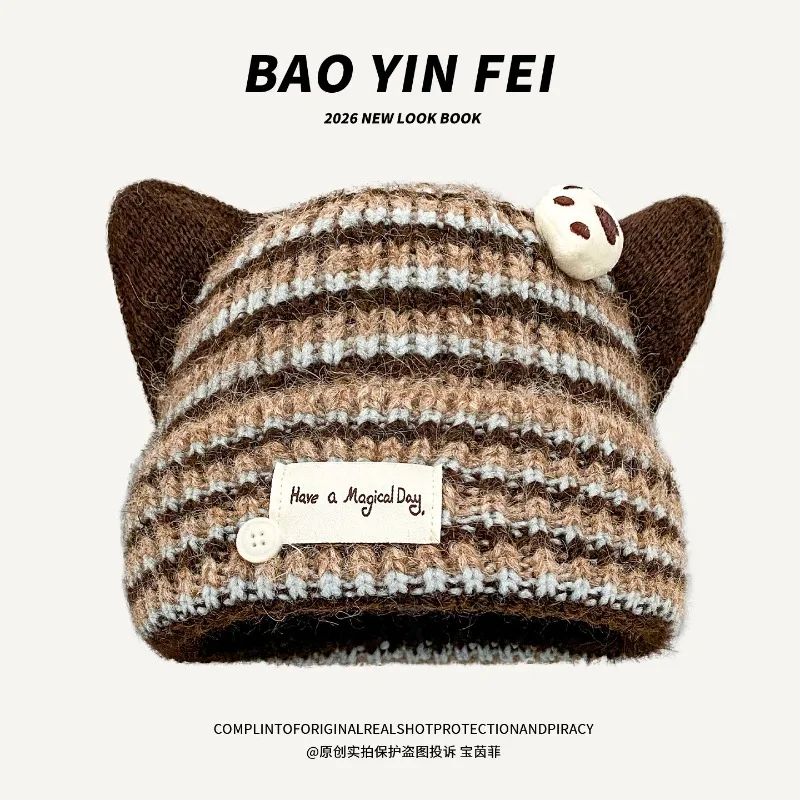 Japanische Cartoon-Strickmütze mit süßen Streifen, Winter-Outdoor-Mütze mit Katzenohren, warme Ohrenschutz-Beanie-Mütze für Damen – Detail 3