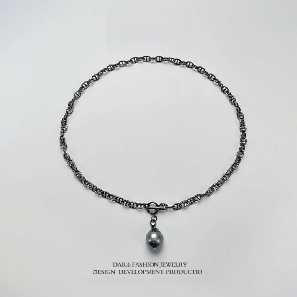 Collar de Perlas de Agua Salada Naturales Negras Marca Dara, Collar con Colgante Grande de Tahiti de 1315 mm, Perla de Agua Salada con Forma de Nariz de Cerdo, Marca Dara
