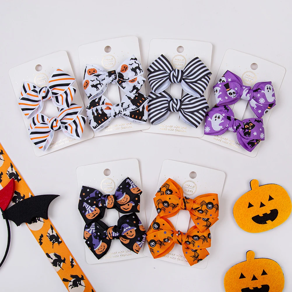 2Pcs/Set 7.5cm Halloween Day Hair Bows Clips Pumpkin Devil Baby Boys Girls Hairpins Children Kids Dance Party Photography Props