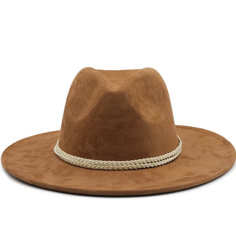 

New Suede Fedora Hats For Women 8CM Wide Brim Panama Western Cowboy Hat Winter Jazz Church Sombrero Caps