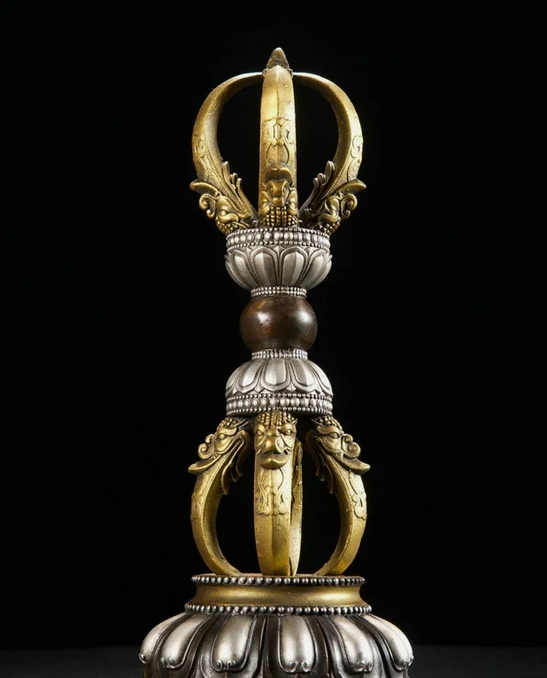 12.6'' Old Tibet Bronze Beast Head Face Hold Phurba Holder Fa Qi Faqi
