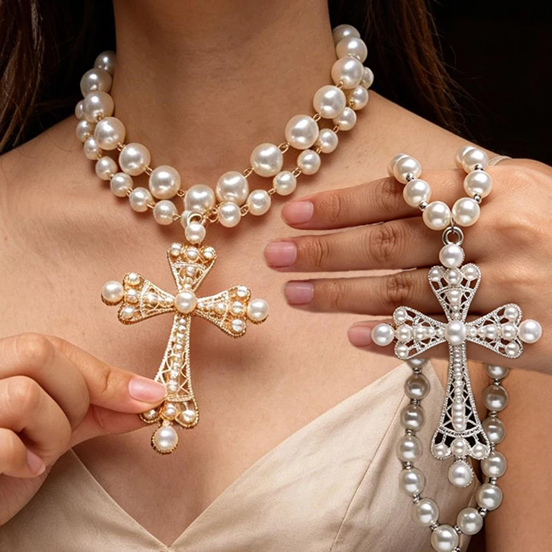 Gothic Pearl Cross Pendant Necklace for Women Girls Fashion Punk Retro Layered Chains Necklace Party Jewelry Accessories Gifts
