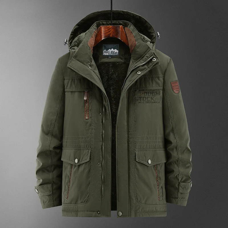 Tactical Multi Pocket Hooded Jacket Mens Winter Thick Warm Fleece Lined Windproof Waterproof Mid Length Plus Size Big Jacket