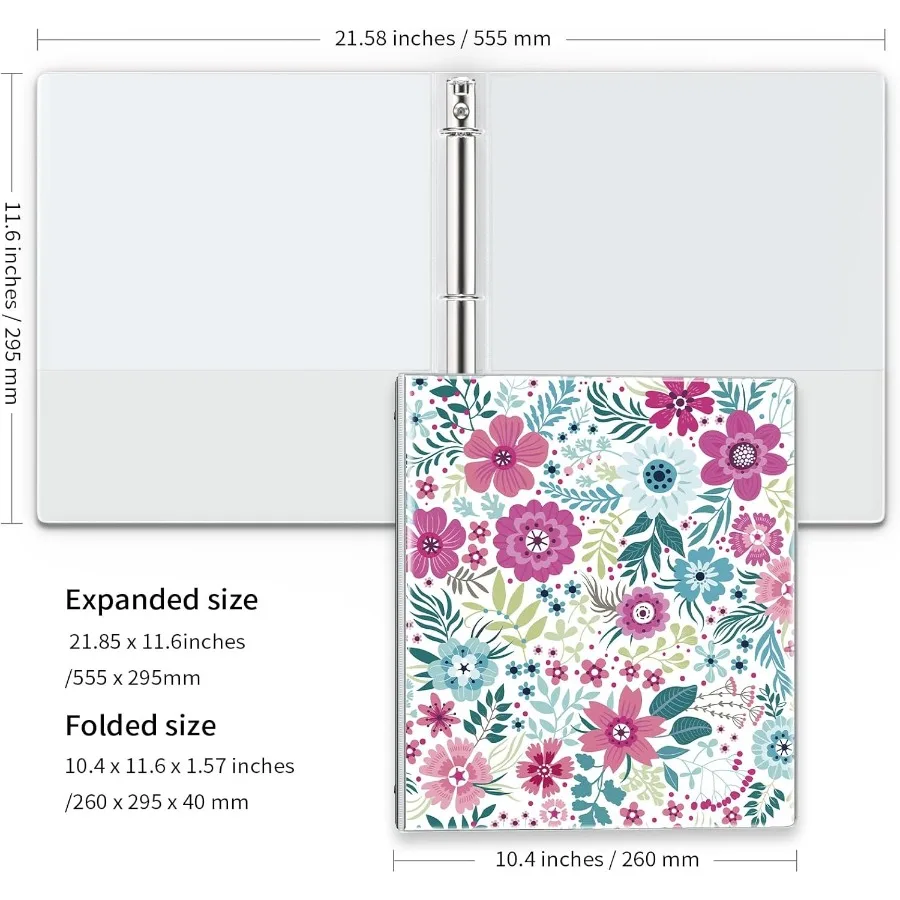 Floral 3 Ring Binder 1 Ih tive Recipe Binde Client Records with Clear Interior Pockets for Letteize 11" x 8.5" Paper PVC Cover