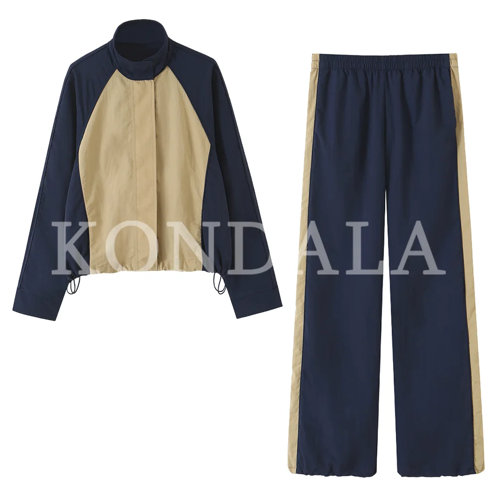 KONDALA Damen Trendiges High-Street Kontrast-Hosen-Set mit Reißverschlussjacke und Hose mit elastischem Bund, Frühherbst 2026, lässiges sportliches Damen-Set – Detail 4