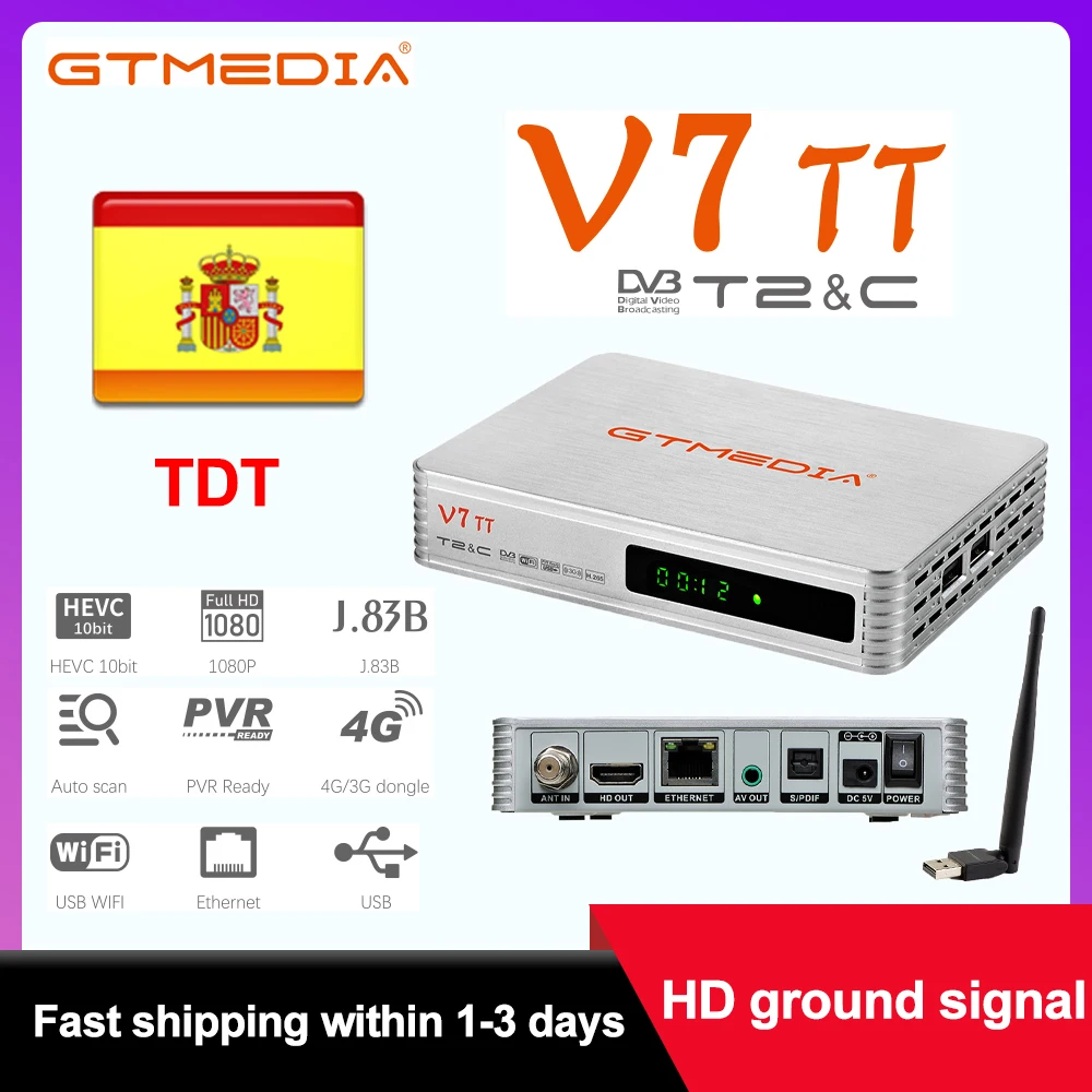 

GTMEDIA V7 TT Ground Signal Receiver, 1080P Full HD DVB-T/T2/DVB-C/J.83B, PVR Ready H.265 HEVC TDT decodificador de tv digital