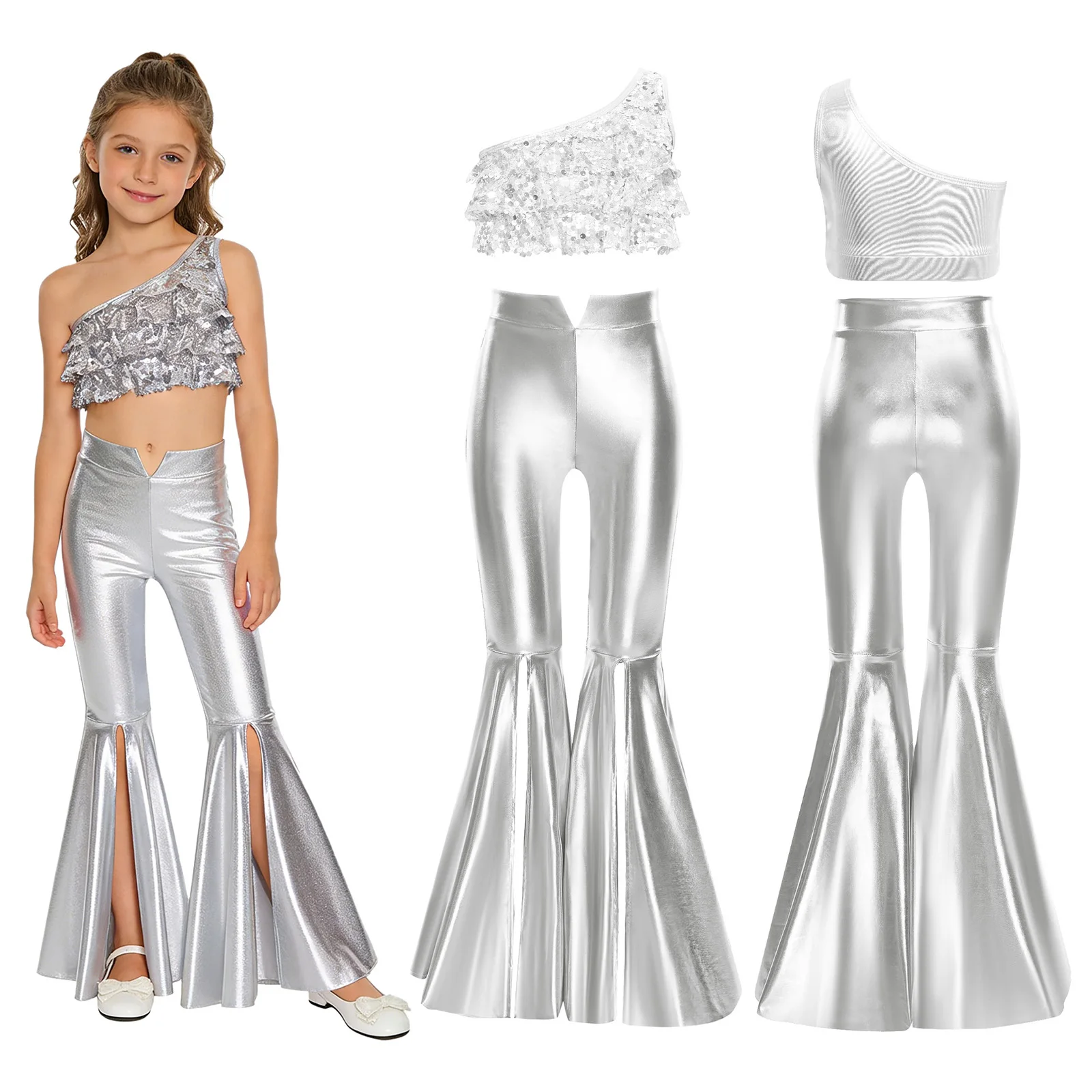 

Детские костюмы для джазовых, вальсовых, танго и латинских танцев для девочек: блестящий топ с пайетками и многоярусными оборками, укороченный, с металлическими брюками с разрезами.