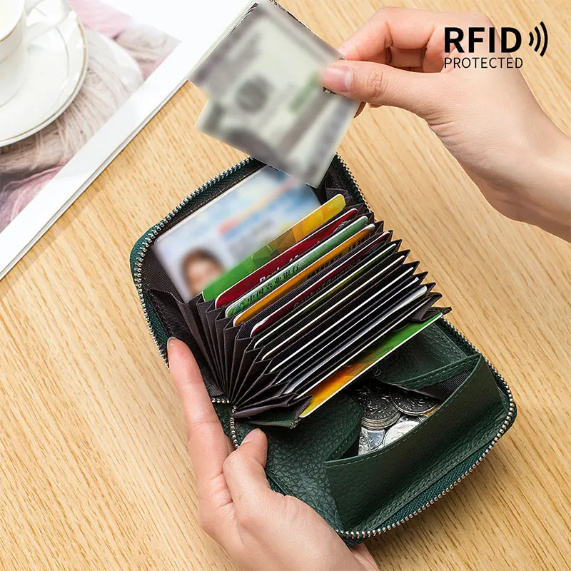 Porte-cartes en cuir véritable pour hommes et femmes, petit portefeuille à fermeture éclair, porte-monnaie solide, conception accordéon, sacs pour cartes de crédit d'affaires RFID ID