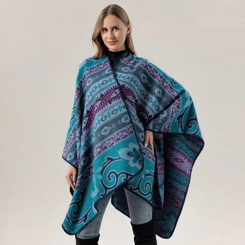 New ethnic-style shawl, faux cashmere jacquard, split-hem cape, travel scarf