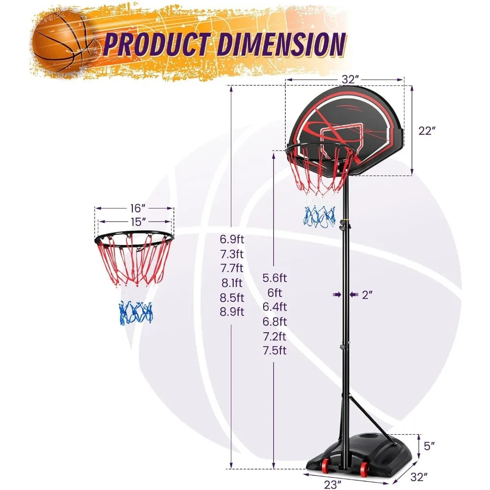 ポータブル調節可能バスケットボールゴール 屋外用、高さ6.9～8.9フィート、32インチ耐衝撃バックボード、耐久性のために充填可能