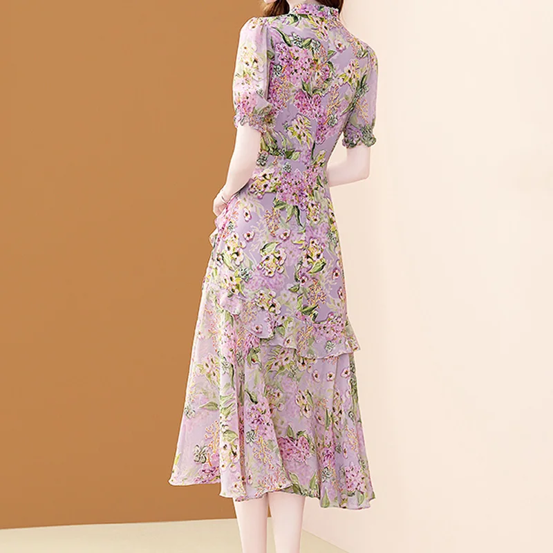 EVNISI Women Ruffles Purple Chiffon Dress Elegant Floral Printing Office Dresses Women Package Hip Irregular Vestido Summer 2024