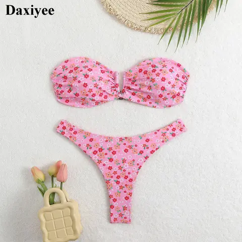 Micro Thong Bikini Set Push Up Women Swimsuit 2025 Sexy Off Shoulder Female Swimwear Floral Print Bathing Suit Biquini Beachwear