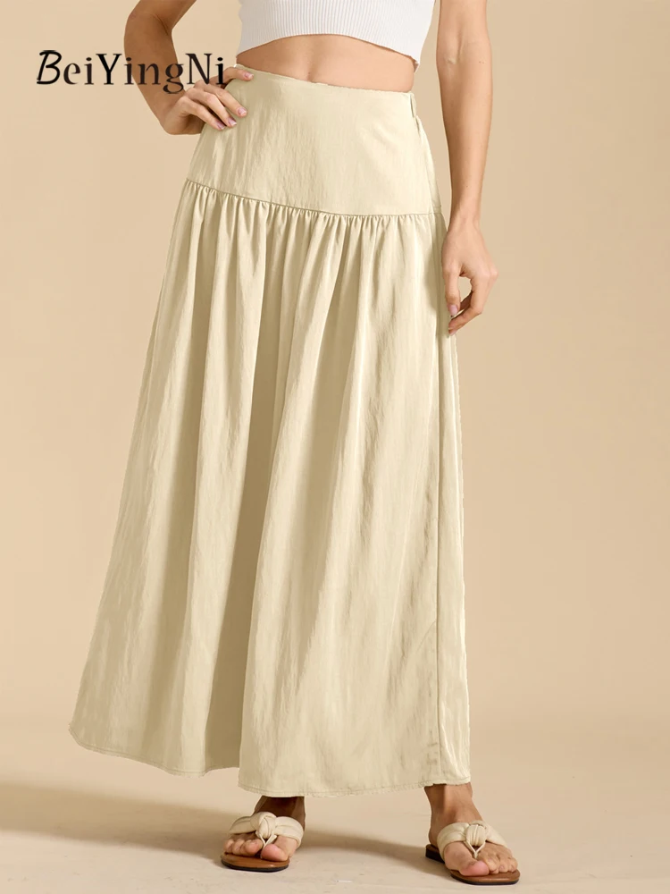 Beiyingni New In Women Long A-line Skirt Solid Color Casual Elegant High Waist Maxi Skirts Female Ruched 2025 Faldas Clothing