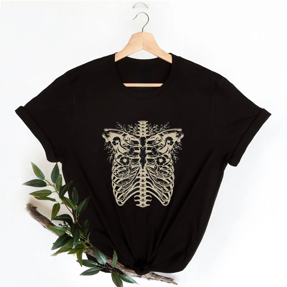 T-shirt Rib Jos pour femmes, Modules floraux, ChimFloral Skull, Cadeau d'art d'anatomie, Vibes effrayantes, Homme et femme