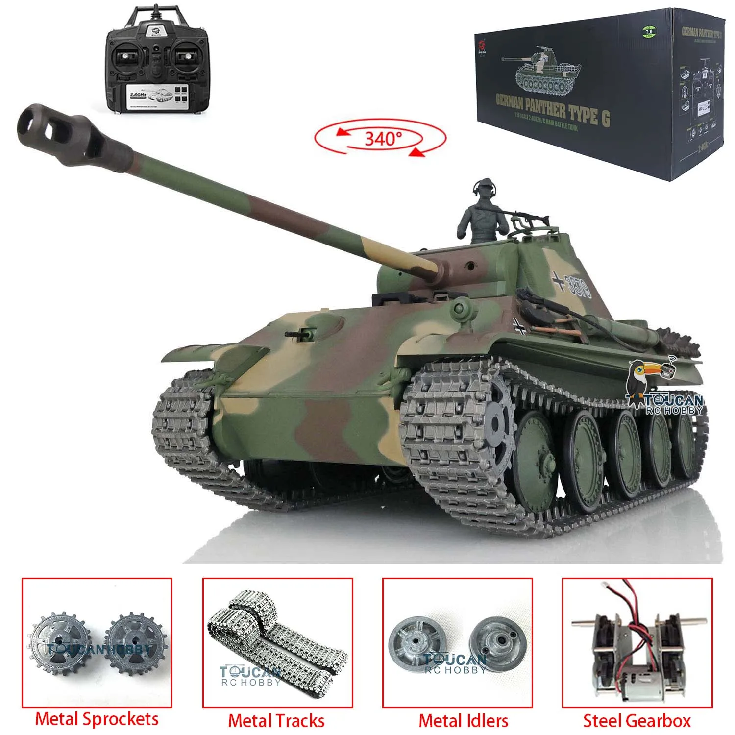 Toys Heng Long 1/16 Scale 7.0 RC Tank 3879 Upgraded German Panther G RTR Metal Tracks Remote Control Car for Boys TH17488-SMT4