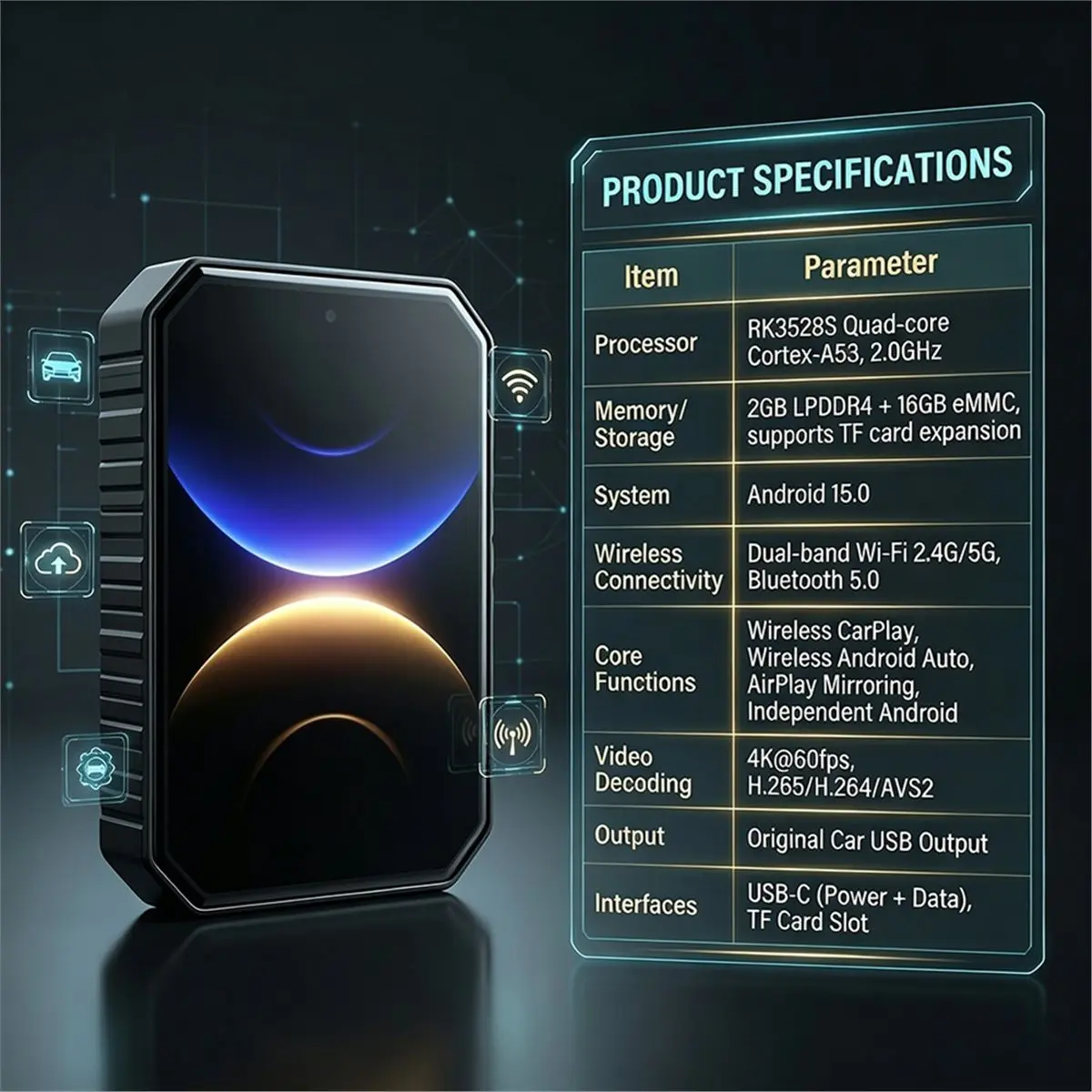 Nices CarRocket CarPlay Video Box Wired to Wireless CarPlay AI Box,Smart Android 15 System, Plug and Play Multimedia Adapter