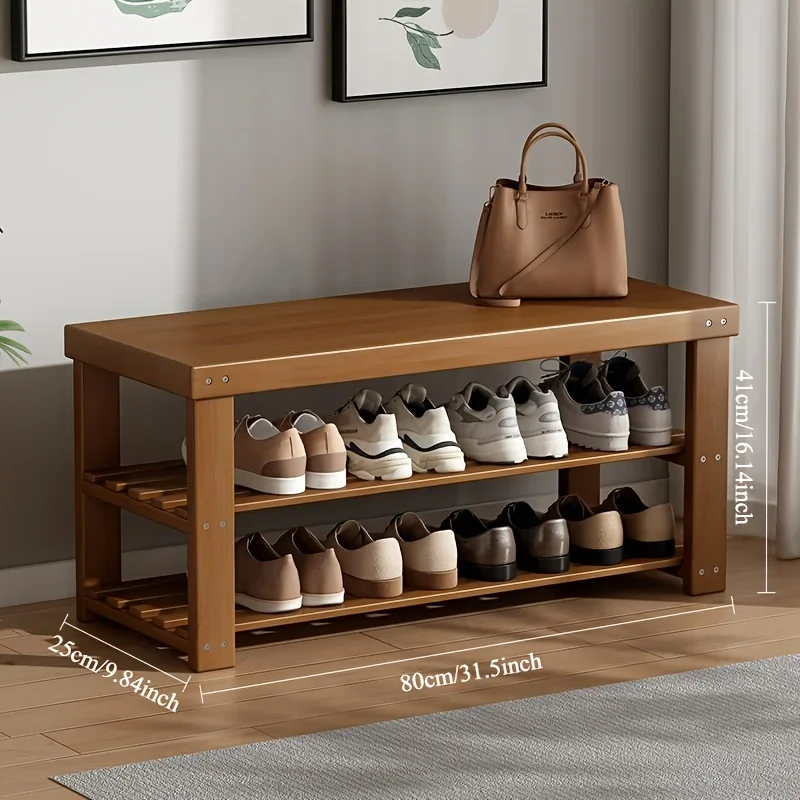 2 Tiers Bamboo Shoe Rack Multifunctional Shoe Bench Long Storage Entryway Organizer with Seating
