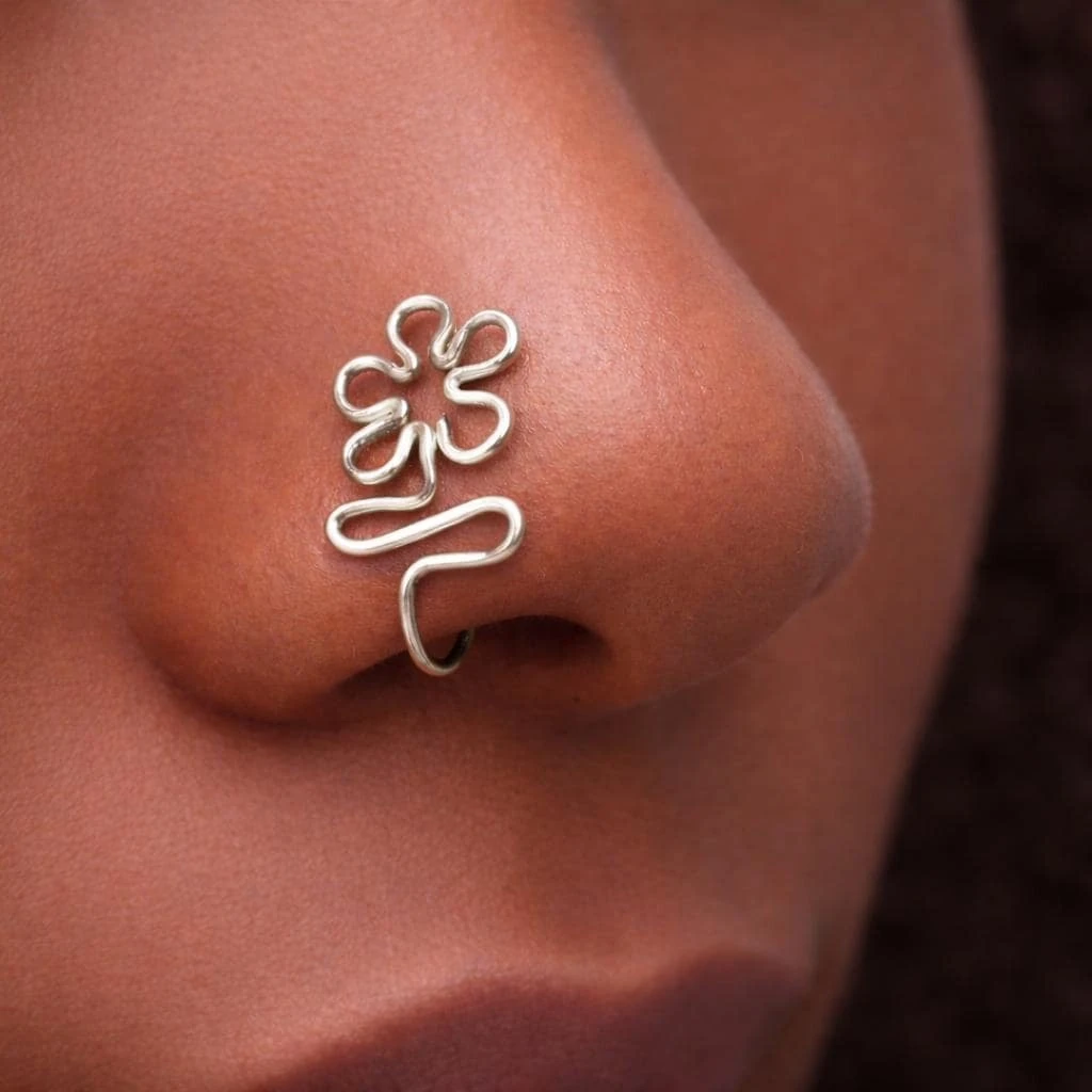 Faux Nose Cuff 14K Gold Filled/925 Silver Flower Ring Punk Septum Cuff Hypoallergenic Body Jewelry Gift for Women