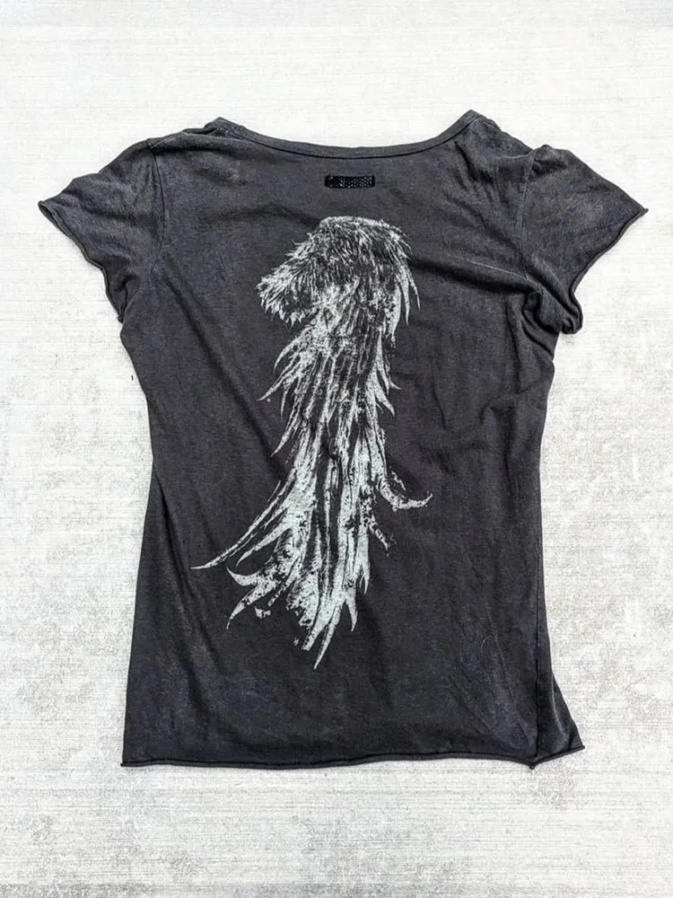 Ifsixwasnine Vision Short Sleeve Angel Back Feather Retro Print T-Shirt