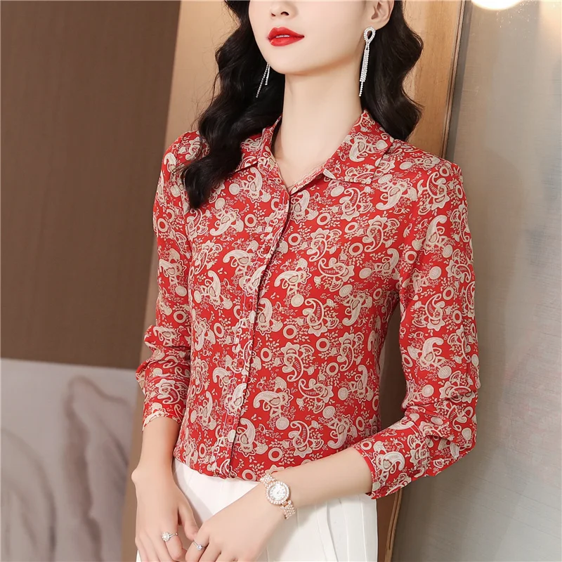 

Unique Clothing Red Women Long Sleeve Spring New Vintage Print Mulberry Silk Base Shirt