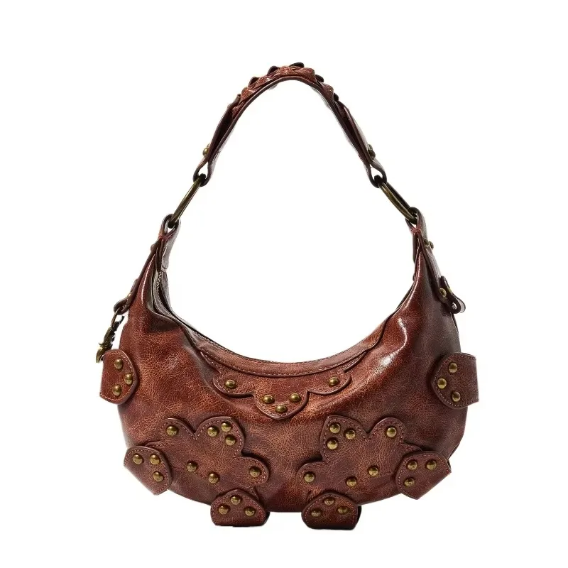 

Floral Studded Hobo Bag High Quality Luxe Faux Leather Boho Moto Styling Shoulder Bag Women Original Brands Designer Female Bags