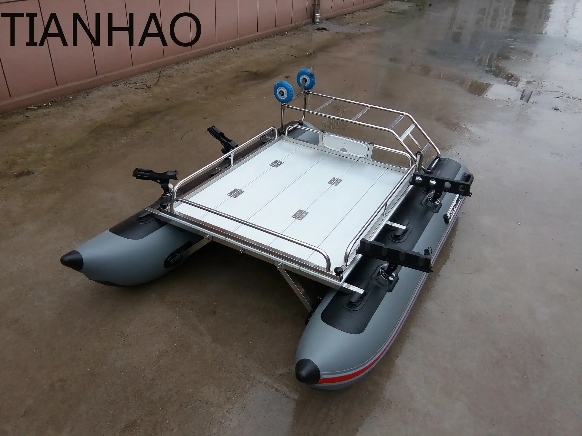 New Portable Leisure Fishing Catamaran Inflatable Boat with Cart Floating Fishing Platform Dual Hull Boat