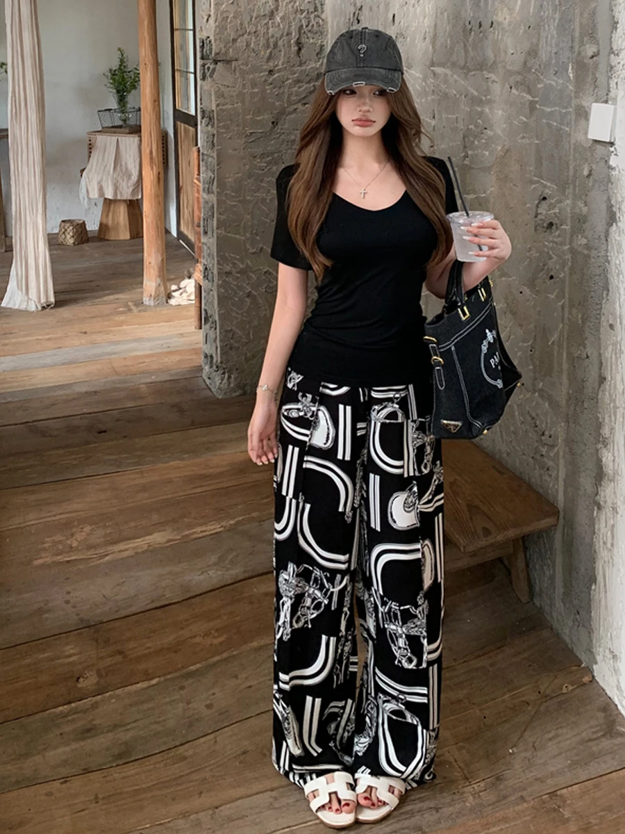 

Sexy Pure Desire Spicy Girl Simple V-neck Short Sleeve T-shirt Top Loose Casual Style Satin Print Straight Leg Pants Set