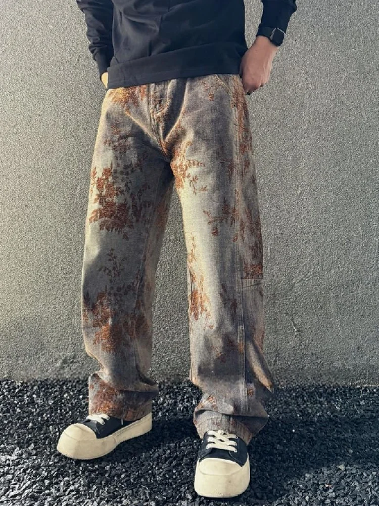 

Мужские джинсы свободного кроя с прямыми штанинами, вышитым цветочным узором, в парижском стиле, осенне-зимние, модные, городские, повседневные брюки