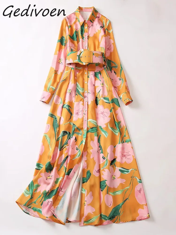 Gedivoen Summer Fashion Designer Vintage Floral Print Dress Women's Lapel Button Frenulum Gathered Waist High Slit Long Dress