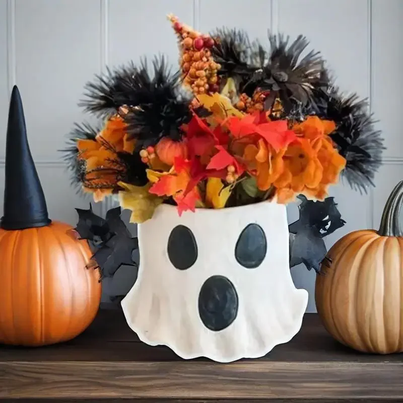 Ghost Vase Halloween Ghost Planter Pot Ghost Bucket Vase Handmade Halloween Treat Buckets Halloween Ghost Planter for Home