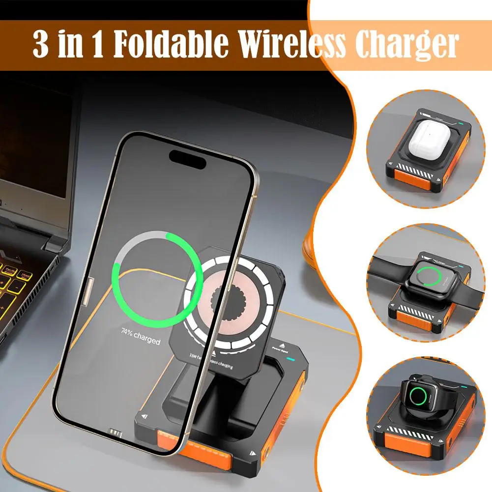 Suitable For Apple 3-in-1 Wireless Charger Tempered Glass Panel Foldable Magnetic High-end Charging Stand