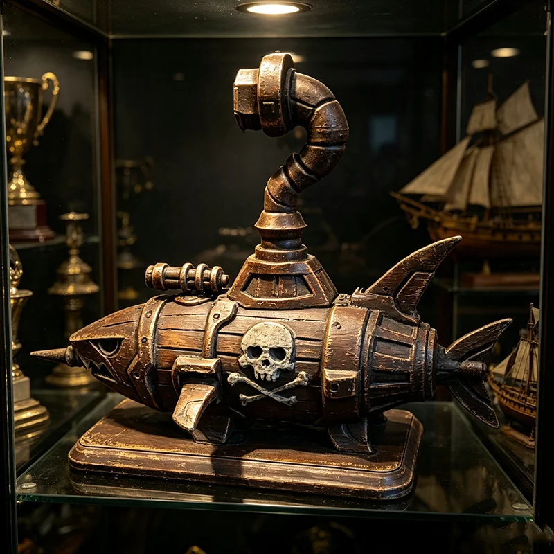 Painted Steampunk Pirate Shark Submarine Miniature, Fantasy Tabletop Wargame Terrain Decor Collectible Ornament