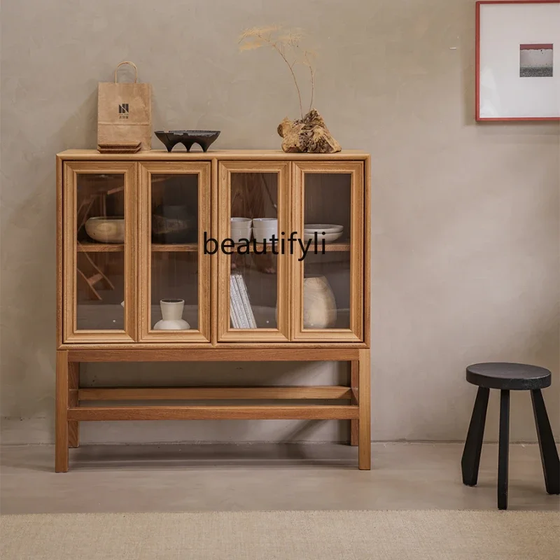 

Household teak solid wood dining side cabinet, living room display, storage locker, glass chest cabinet