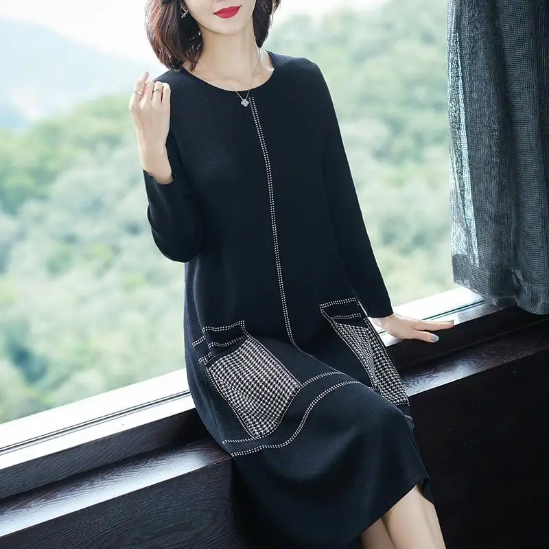 Vrouwen Breien Jurk 2022 Nieuwe Casual Lange Trui O-hals Knielange Patchwork Zakken Bodem Kleding Voor Office Lady Vestidos