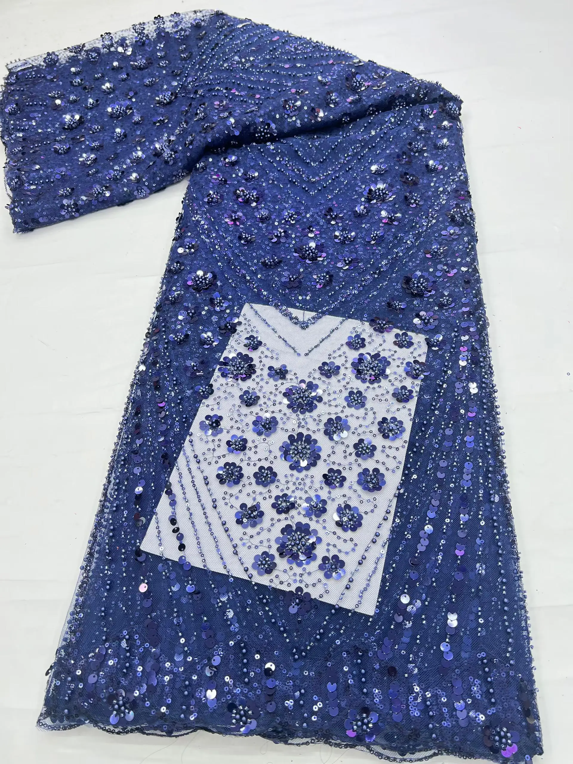 

5 Yards Nigerian Beaded Lace Fabric 2026 New Design African French Sequin Lace Fabric Suitable For Women's Wedding Party Dresses